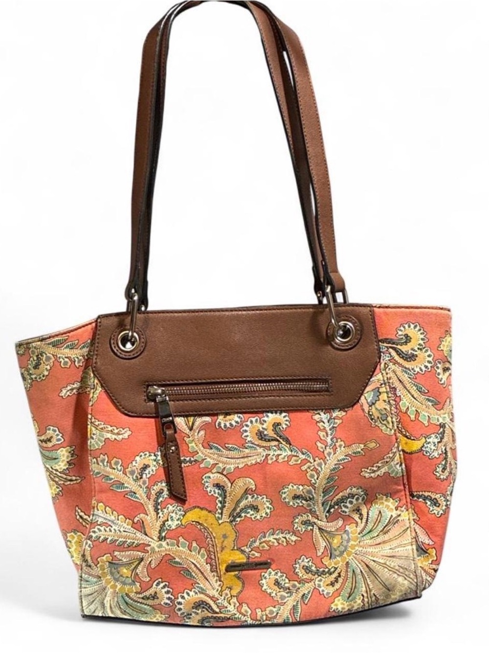 Chaps Coral Paisley Tote with Brown Trim